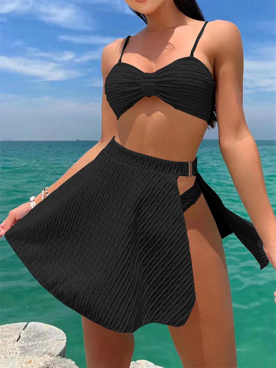 3 Pieces Sexy Solid Bikini Women High Waist Swimsuit With Beach Skirt (included)