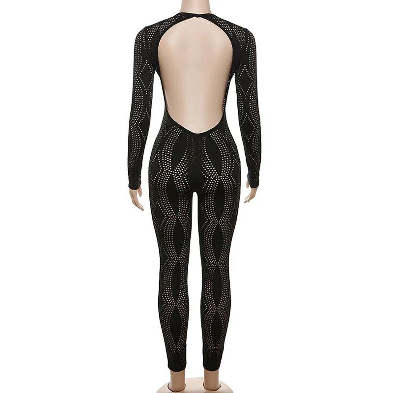 Sexy Hollow See Through Black Jumpsuit Women O-Neck Long Sleeve Backless One Piece Overalls 2024 Midnight Clubwear