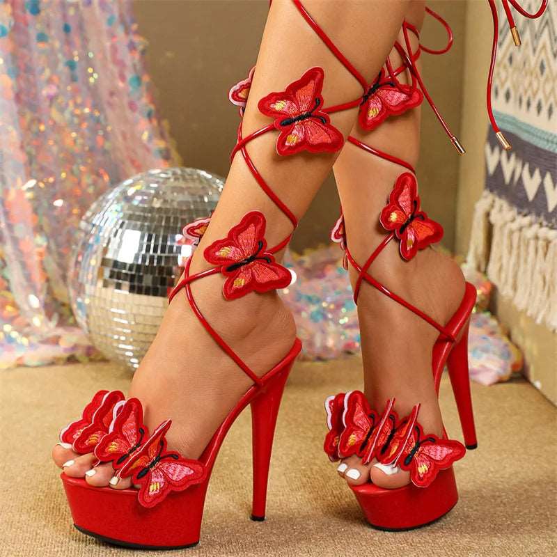 Cross Strap Platform Embroidery Butterfly Open Heels