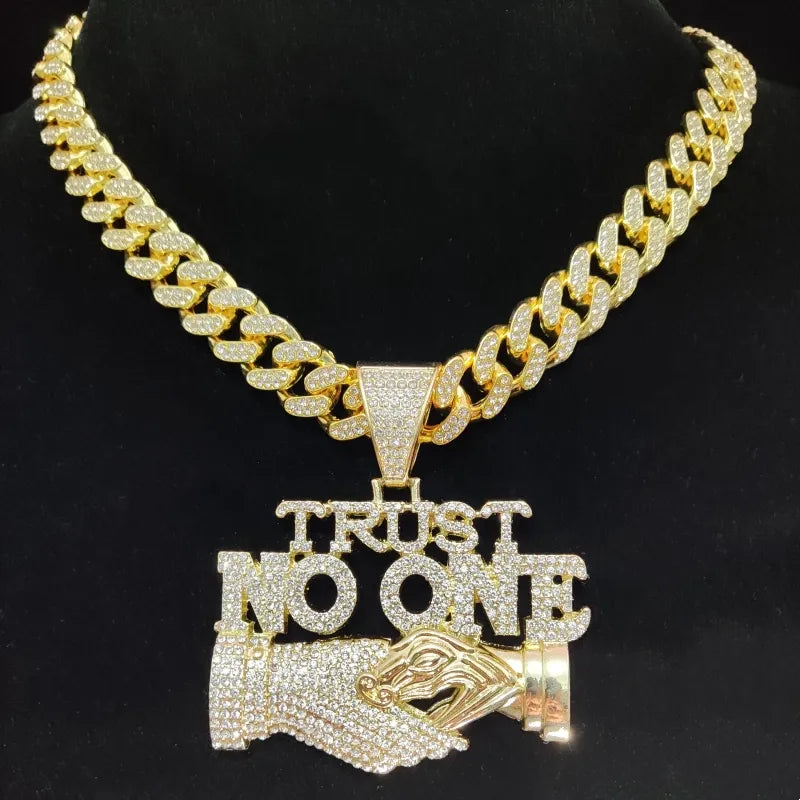 Men Women Hip Hop Trust no one Pendant Necklace with13mm Cuban Chain Hiphop Iced out pendant Necklaces Fashion Punk Jewelry Gift - NawdeX