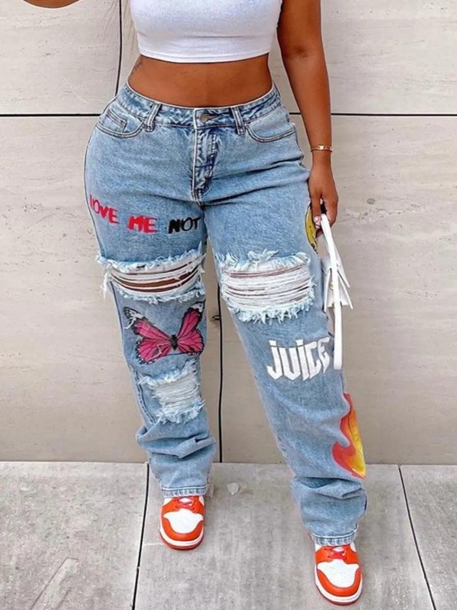 L Plus Size Butterfly Letter Print Ripped Jeans Women Large Size Denim Fashion Straight Pants Street wears Trousers(2 Colors)