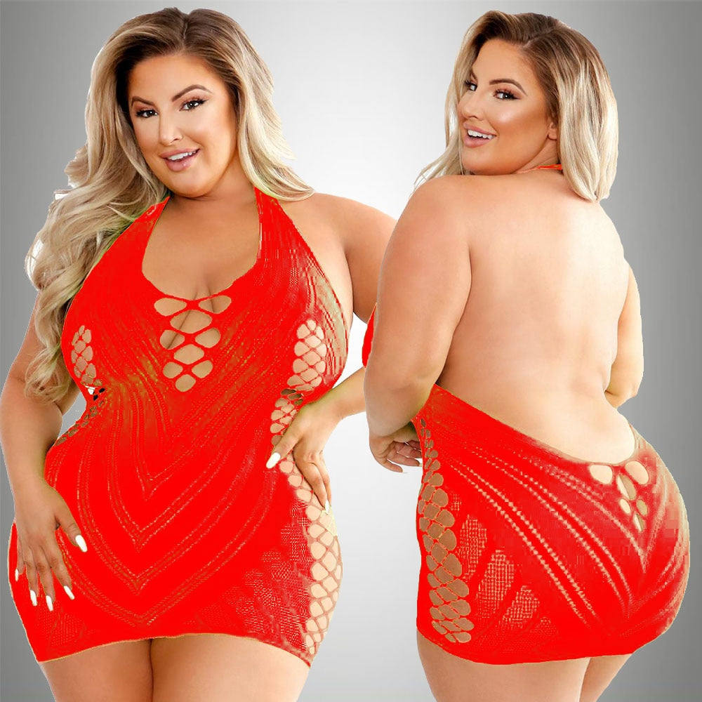 Plus Size Sexy Lingerie One-Piece Bodysuit Women  Set Sheer Rhinestone Underwear Transparent Open Strapless Erotic - NawdeX