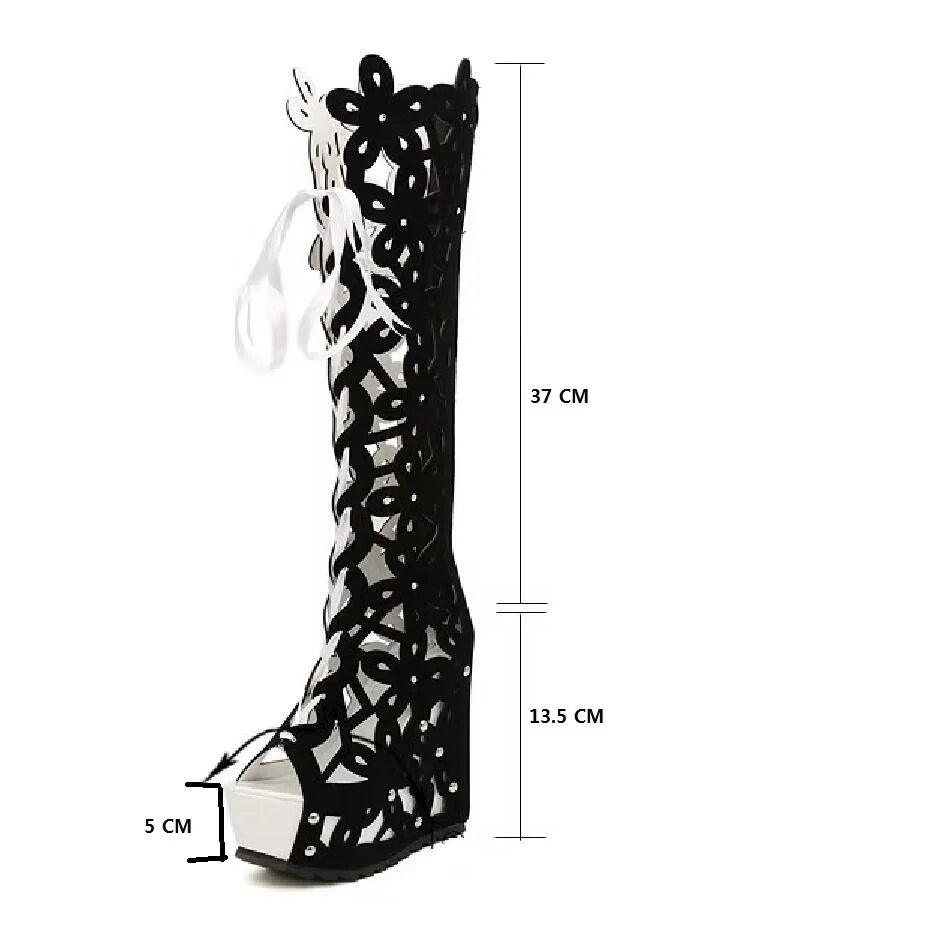 Summer Wedge Lace-up Peep Toe Women Knee High Boots