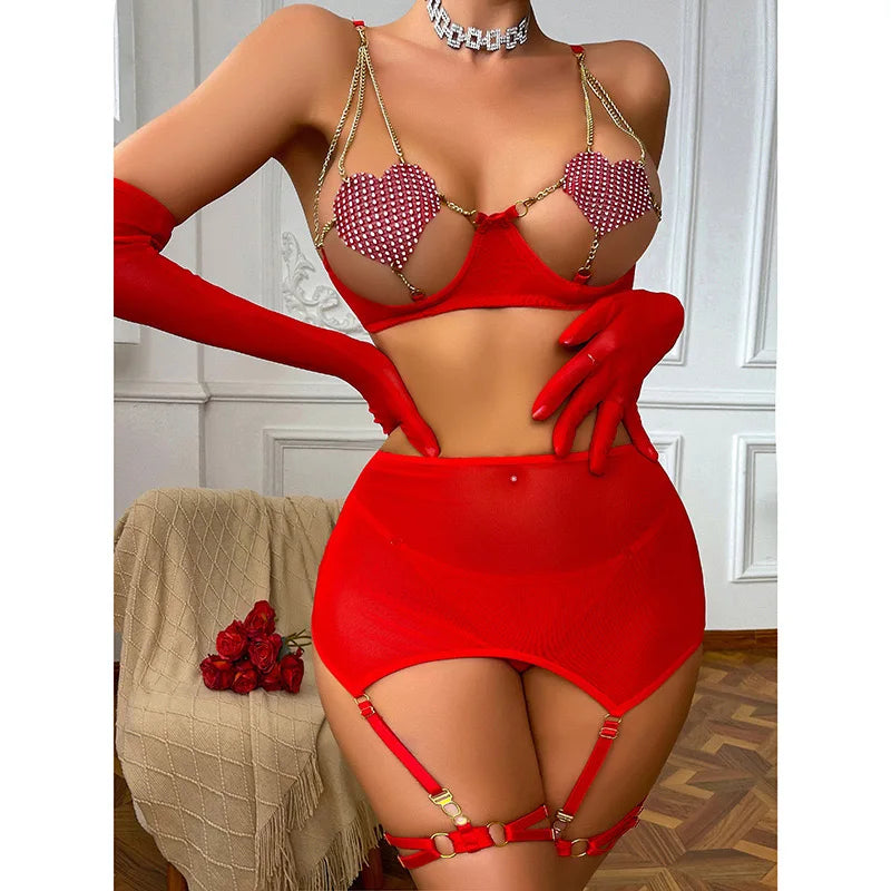 Red Adore Sheer Skirt Set