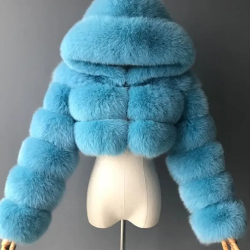 Fashion Hooded Winter Faux Fur Coat Women 2023 High Quality Warm Blue Furry Overcoat Woman Elegant Plush Cropped Jacket Ladies - NawdeX