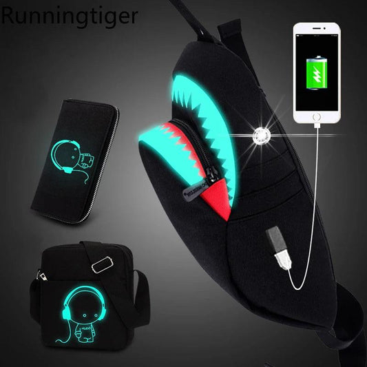 Men Anti Theft USB Rechargeable Luminous Shark Crossbody Bag