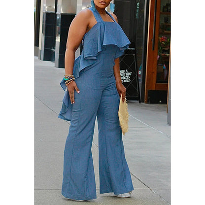 Blue Daily Backless Ruffled Wideleg  Jumpsuit