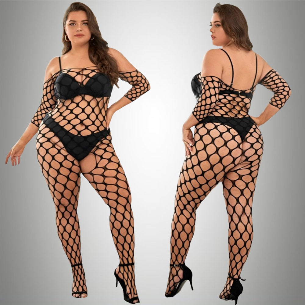 Plus Size Sexy Lingerie One-Piece Bodysuit Women  Set Sheer Rhinestone Underwear Transparent Open Strapless Erotic - NawdeX