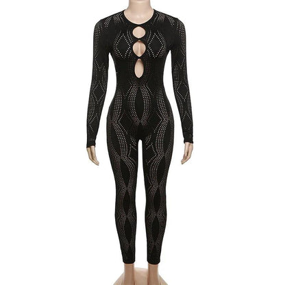 Sexy Hollow See Through Black Jumpsuit Women O-Neck Long Sleeve Backless One Piece Overalls 2024 Midnight Clubwear