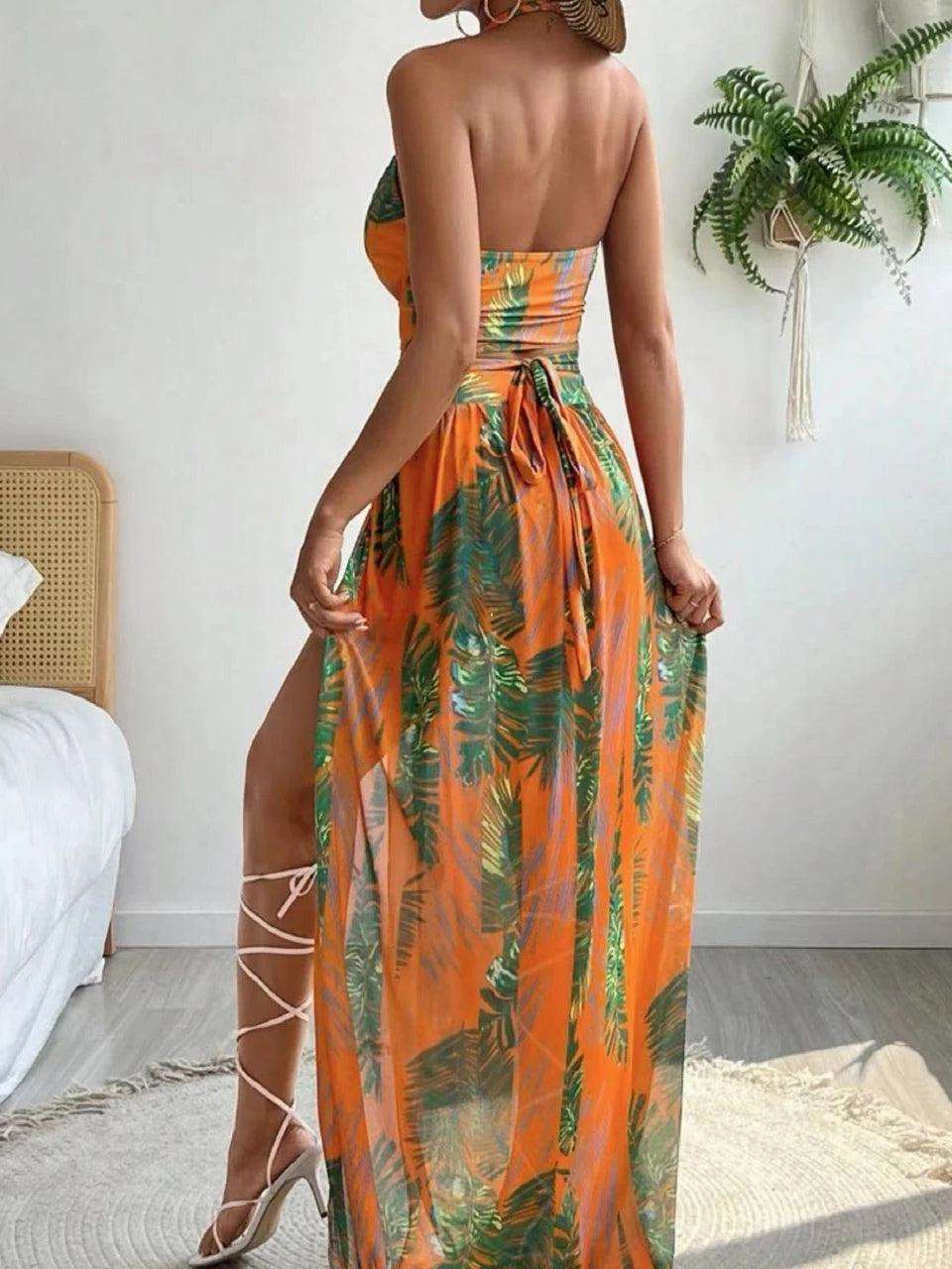 3 Pieces Print Cross Bikini  Sexy Halter Swimsuit & Cover Up Beach Dress