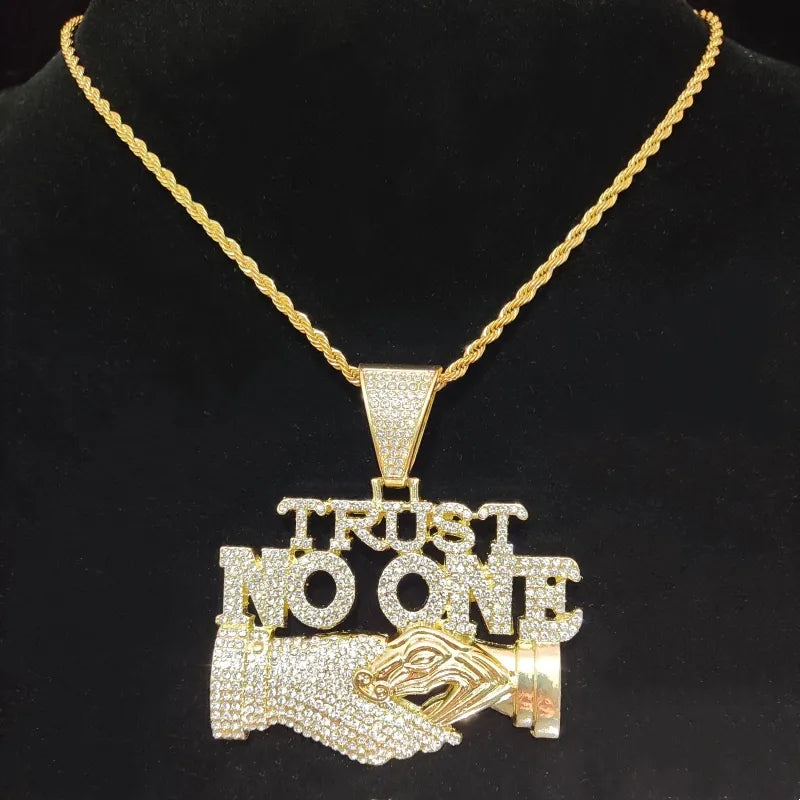 Men Women Hip Hop Trust no one Pendant Necklace with13mm Cuban Chain Hiphop Iced out pendant Necklaces Fashion Punk Jewelry Gift - NawdeX