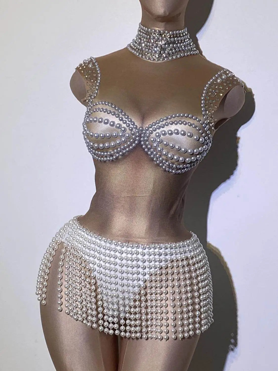 White Pearl Fringe Stones Costume