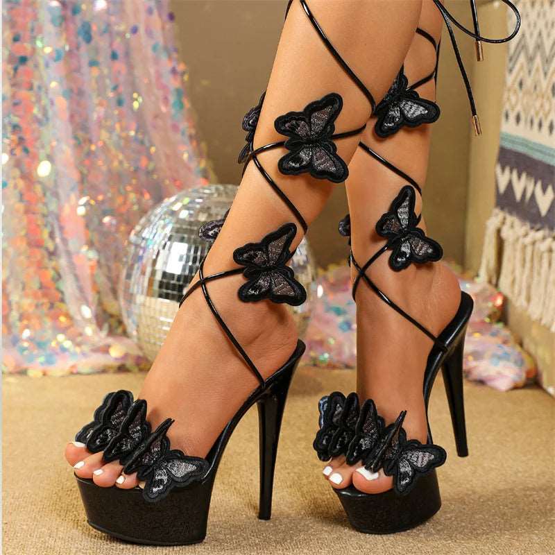 Cross Strap Platform Embroidery Butterfly Open Heels