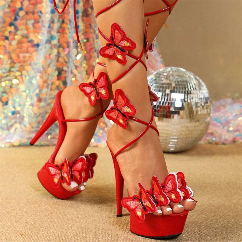 Cross Strap Platform Embroidery Butterfly Open Heels