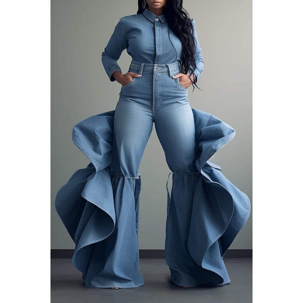 Plus Size High Waist Side Ruffles Flare Leg Jeans