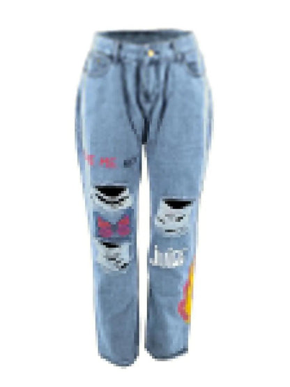 L Plus Size Butterfly Letter Print Ripped Jeans Women Large Size Denim Fashion Straight Pants Street wears Trousers(2 Colors)