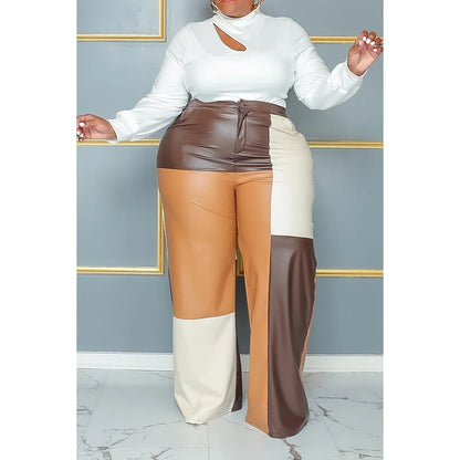 Plus Size Brown Tunic Patchwork Leather Two Piece Pant Suit