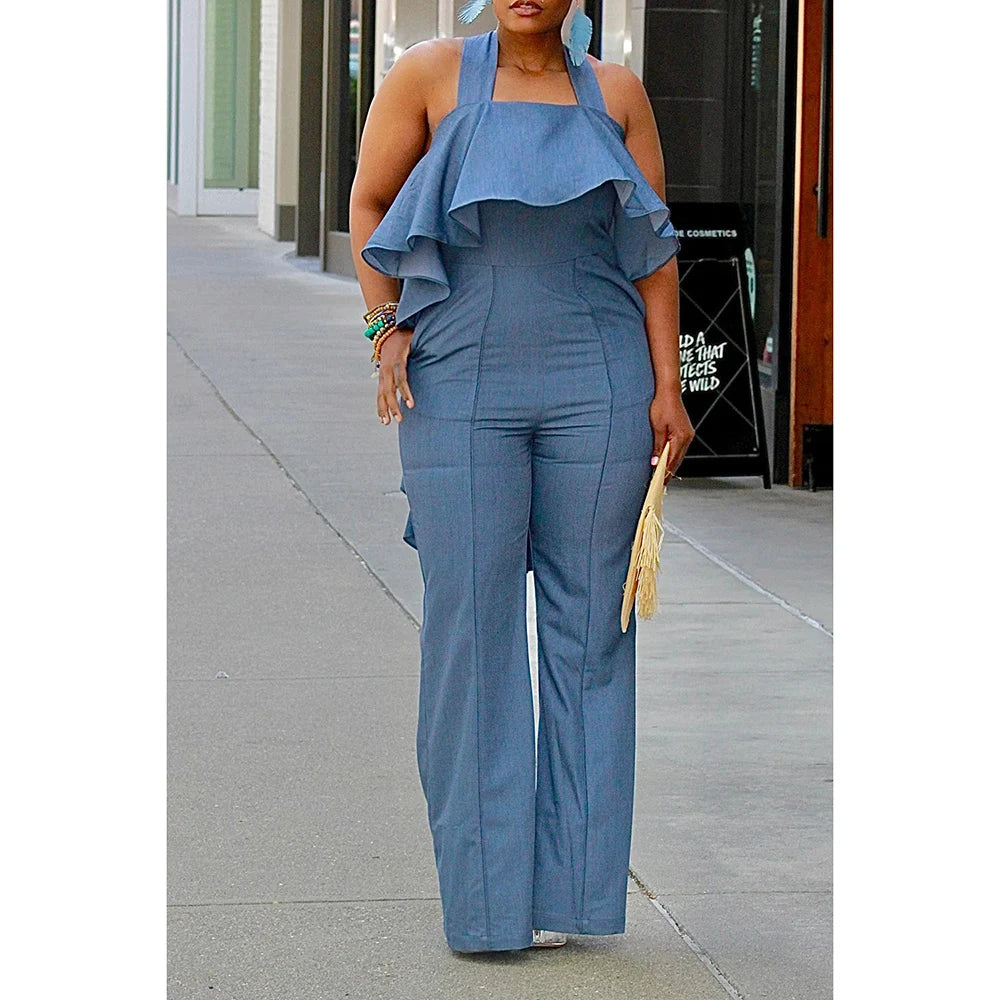 Blue Daily Backless Ruffled Wideleg  Jumpsuit