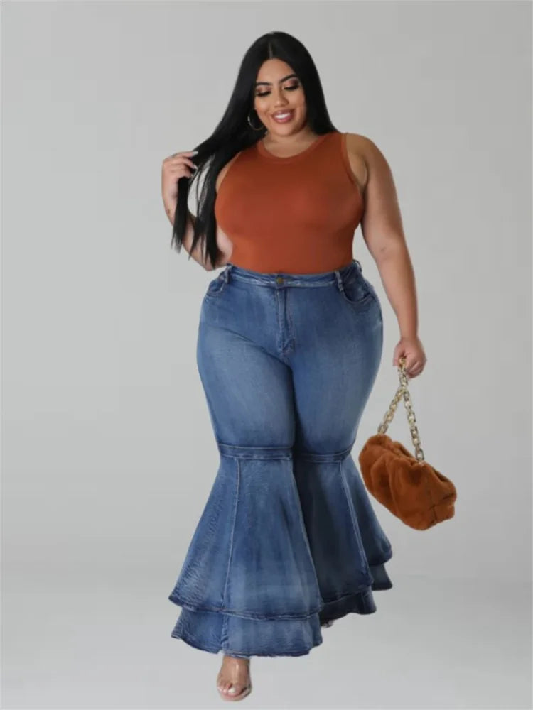 Plus Size High Waist Flared  Ruffled Hem Denim