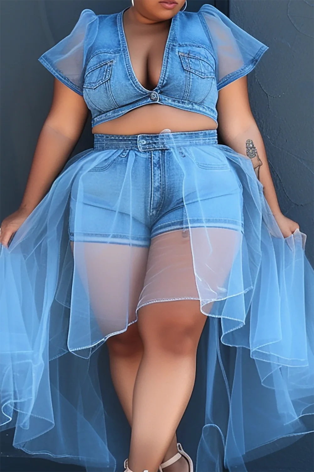 Plus Size Daily Denim Two Piece Short Set With Tulle Skirt