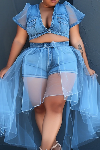 Plus Size Daily Denim Short Set With Tulle Skirt