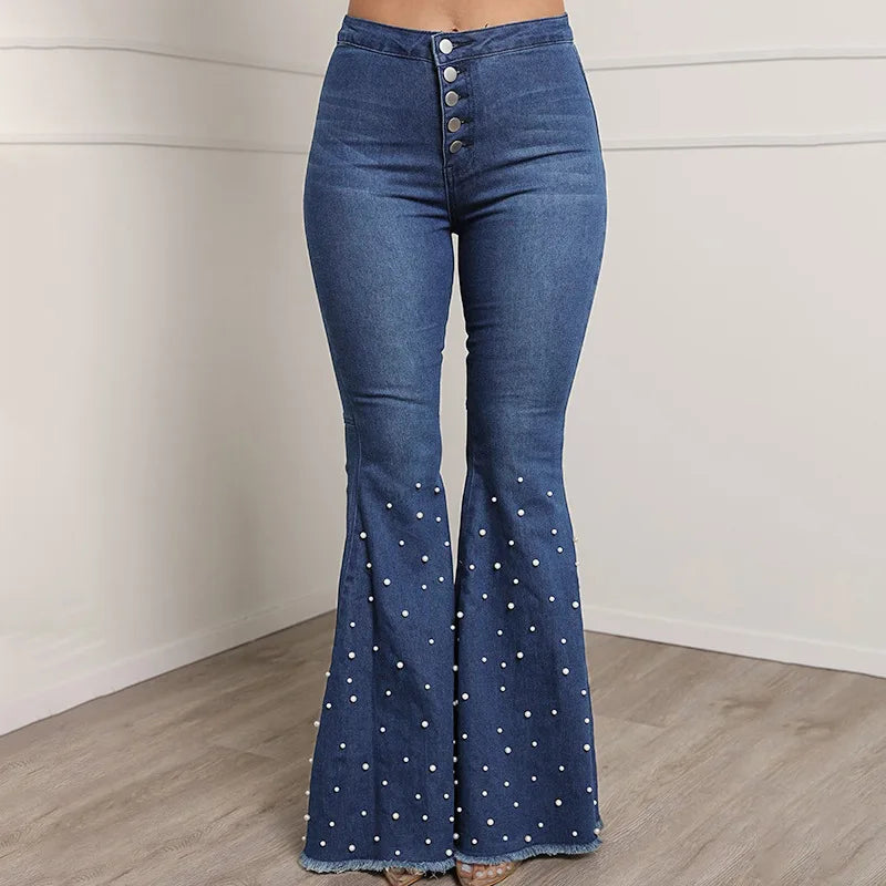 Studded Button Flared  Jeans