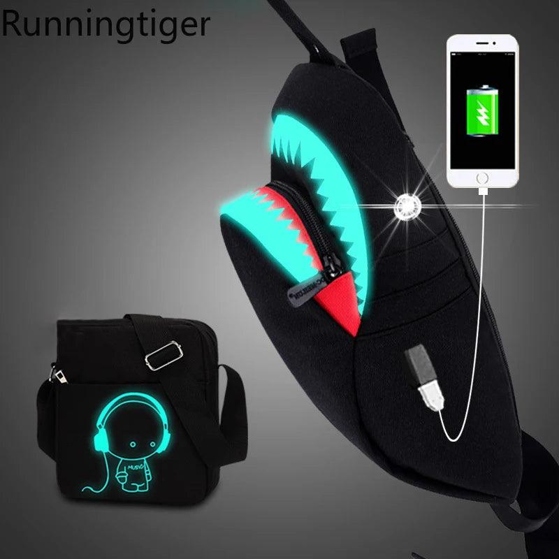 Men Anti Theft USB Rechargeable Luminous Shark Crossbody Bag