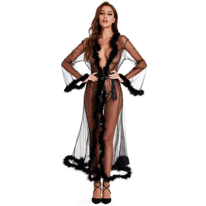 Bridal Bathrobe Women's Nightgowns Fur Wedding Bathrobe Feather Translucent Lace Long Robes For Women Mesh Dress Solid Sleepwear - NawdeX