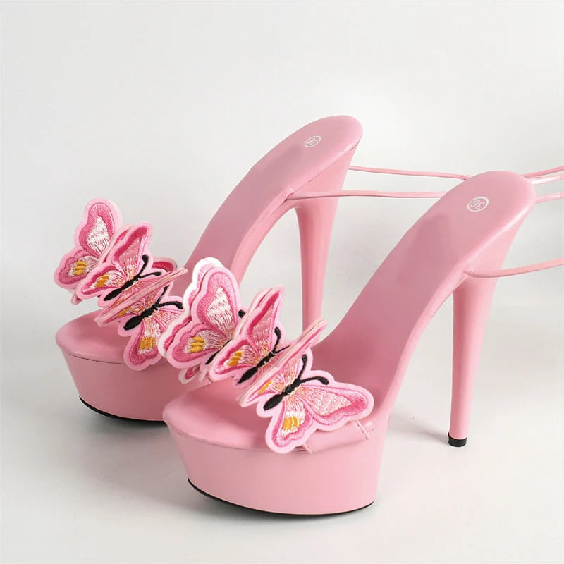 Cross Strap Platform Embroidery Butterfly Open Heels