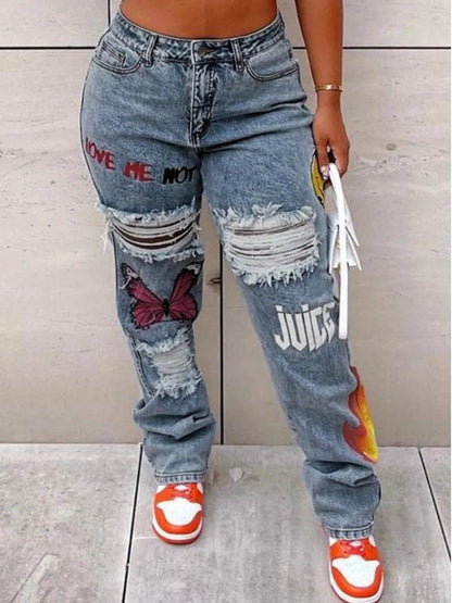 L Plus Size Butterfly Letter Print Ripped Jeans Women Large Size Denim Fashion Straight Pants Street wears Trousers(2 Colors)