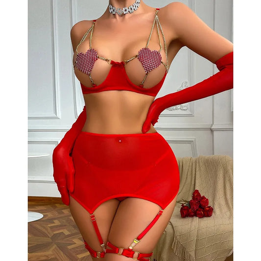 Red Adore Sheer Skirt Set