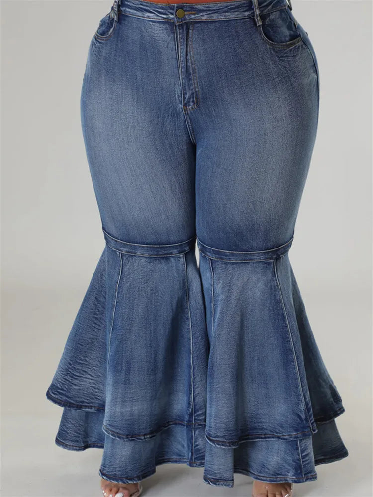 Plus Size High Waist Flared  Ruffled Hem Denim