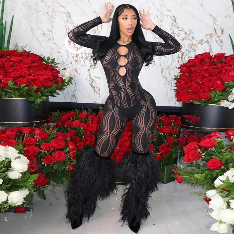 Sexy Hollow See Through Black Jumpsuit Women O-Neck Long Sleeve Backless One Piece Overalls 2024 Midnight Clubwear