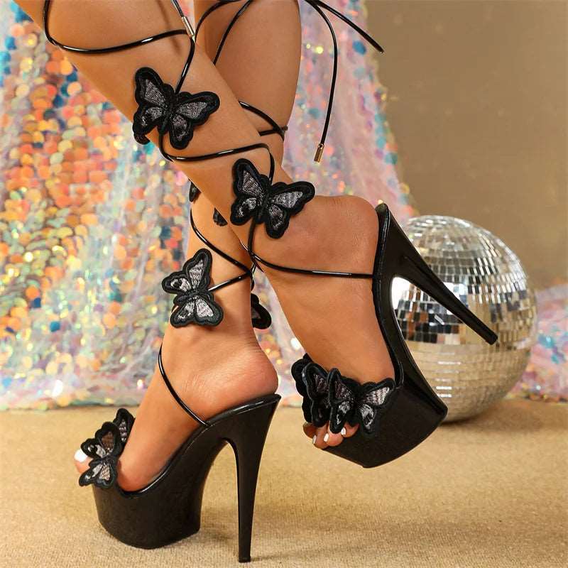 Cross Strap Platform Embroidery Butterfly Open Heels