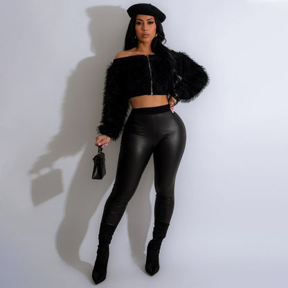 Furry Crop Top Slim Trousers Set