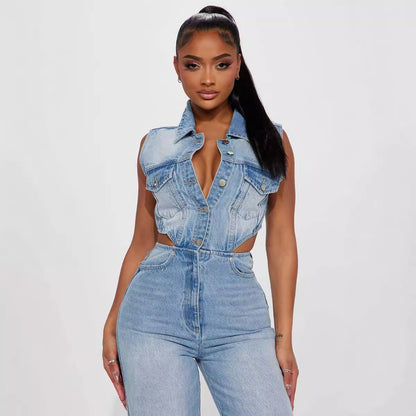 Slim Waist Wash Denim Jumpsuit