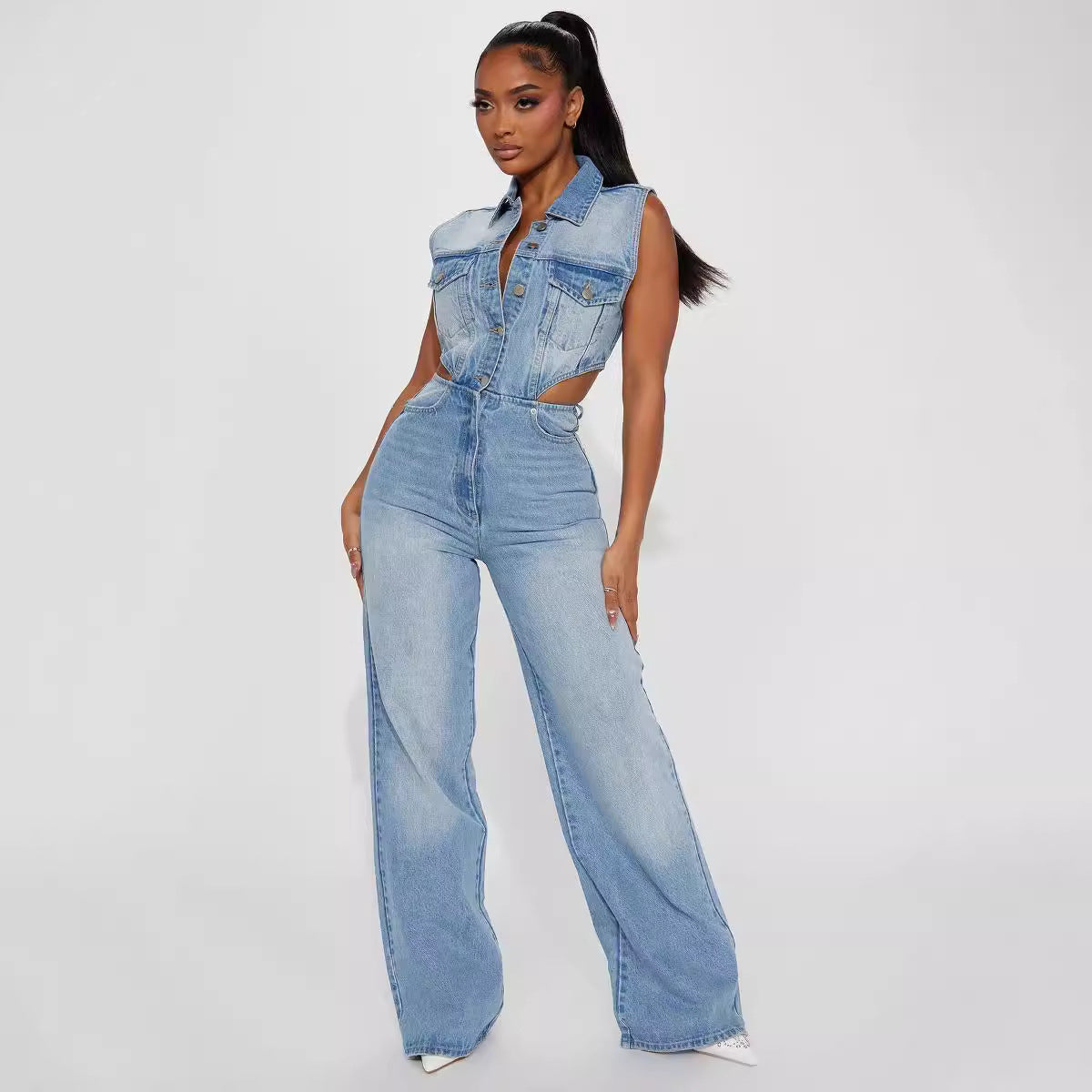 Slim Waist Wash Denim Jumpsuit