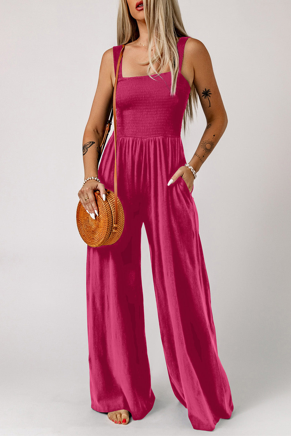 Smocked Square Neck Wide Leg Jumpsuit with Pockets - NawdeX