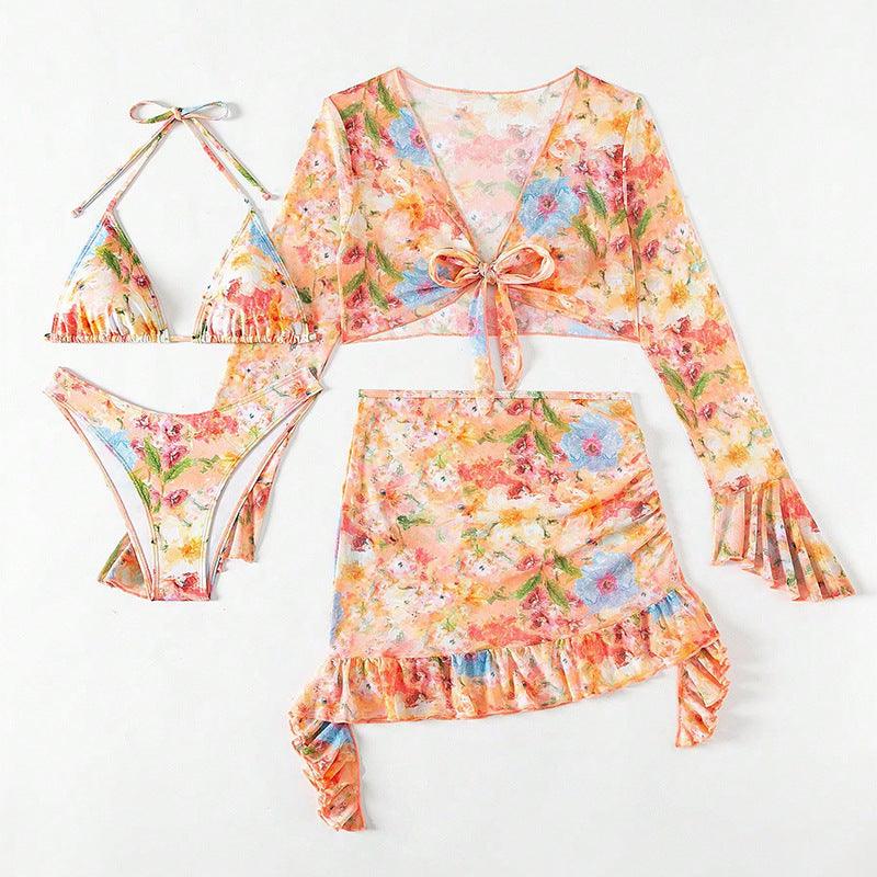 New European And American Printing Stylish Beach Dress Bikini Four-piece Suit