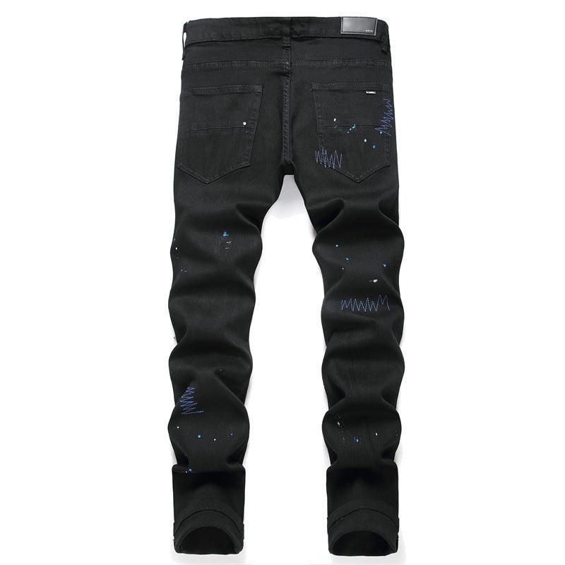 Men's Hole Patch Black Stretch Slim-fitting Jeans