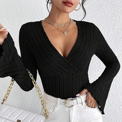 Ribbed Knit Deep V Wrap Top
