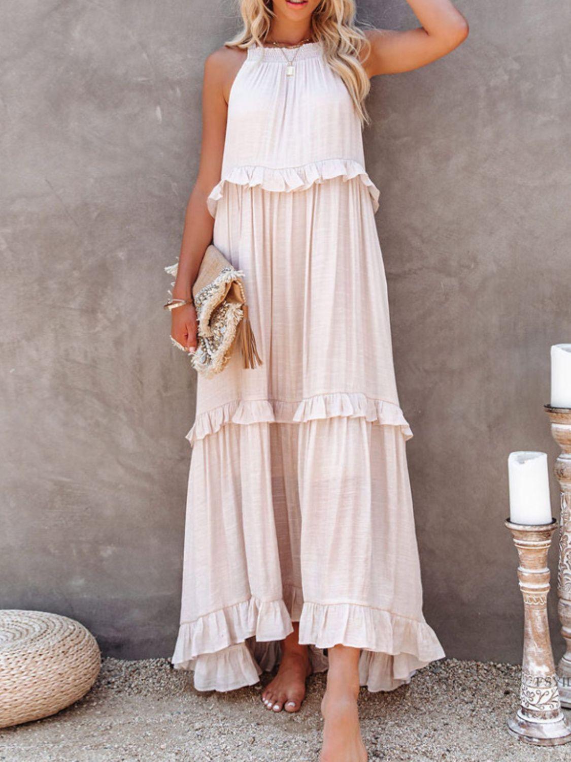 Ruffled Sleeveless Maxi Dress with Pockets