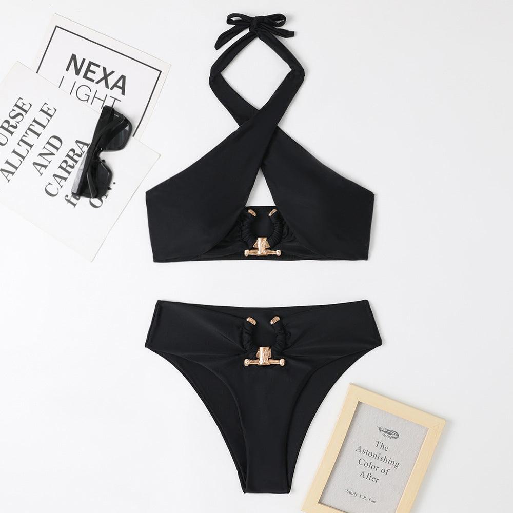 Split High Waist Cross-halterneck Swimsuit