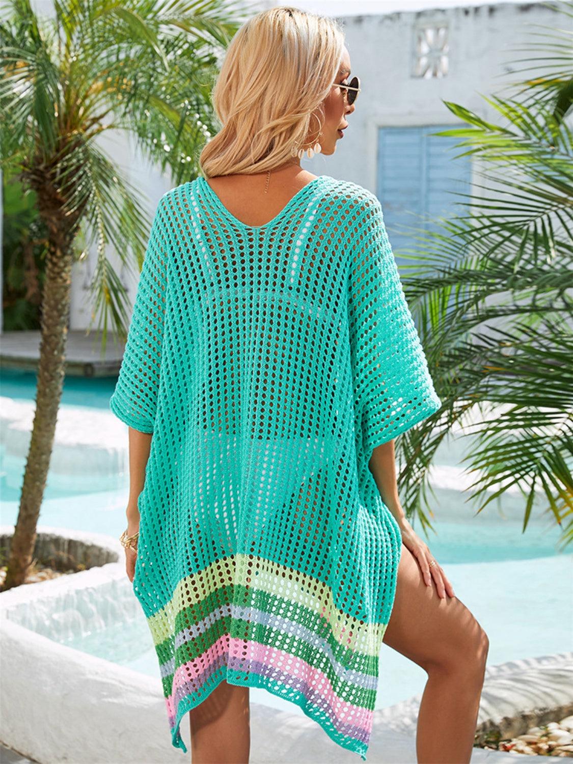 Slit Openwork V-Neck Half Sleeve Cover-Up