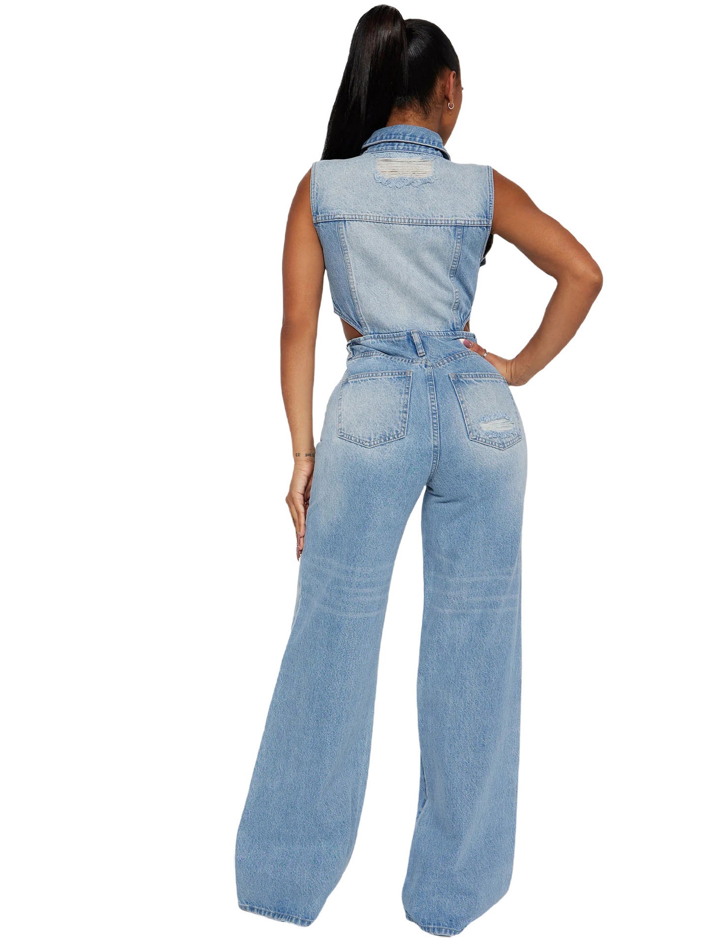Slim Waist Wash Denim Jumpsuit