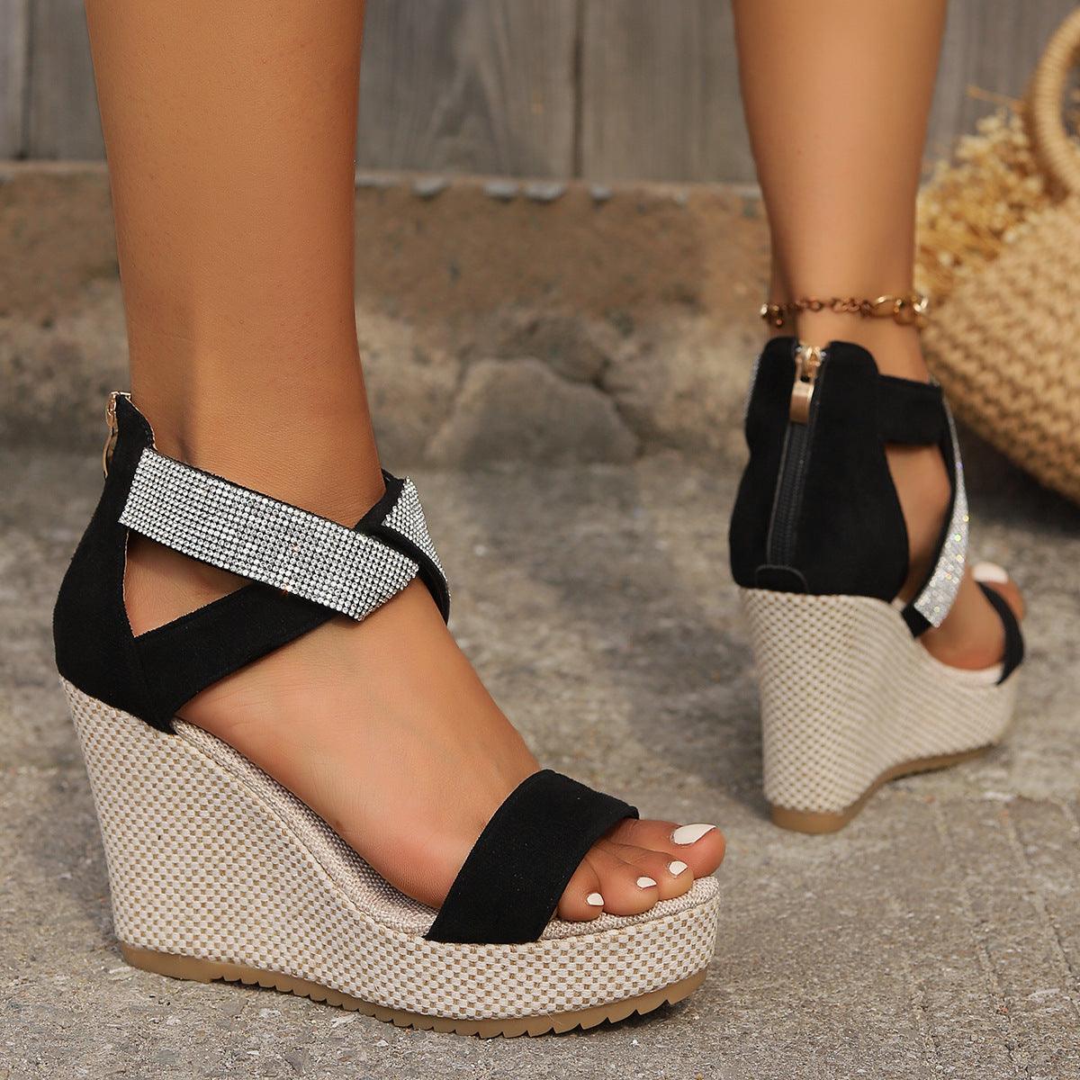 Fish Mouth High Wedges Sandals With Rhinestone