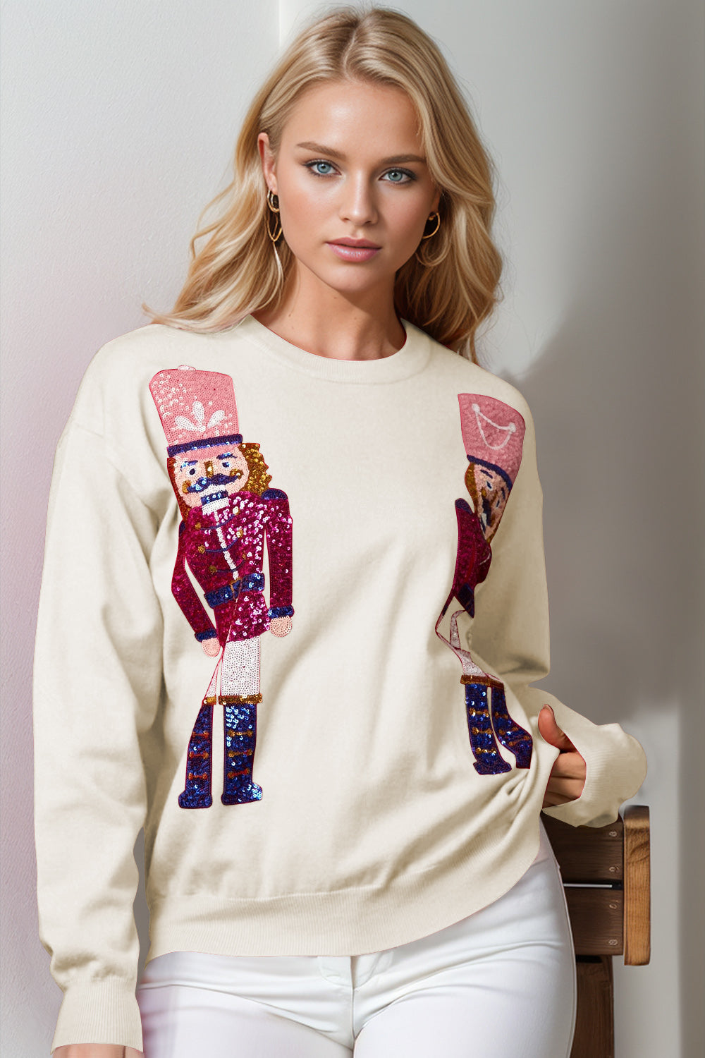 Double Take Full Size Nutcracker Sequin Long Sleeve Sweater - NawdeX
