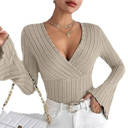 Ribbed Knit Deep V Wrap Top