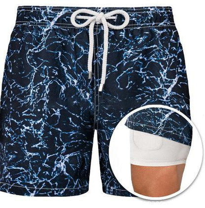 Mens Sports Print Double Layer Swim Shorts