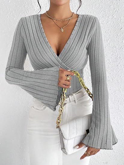 Ribbed Knit Deep V Wrap Top